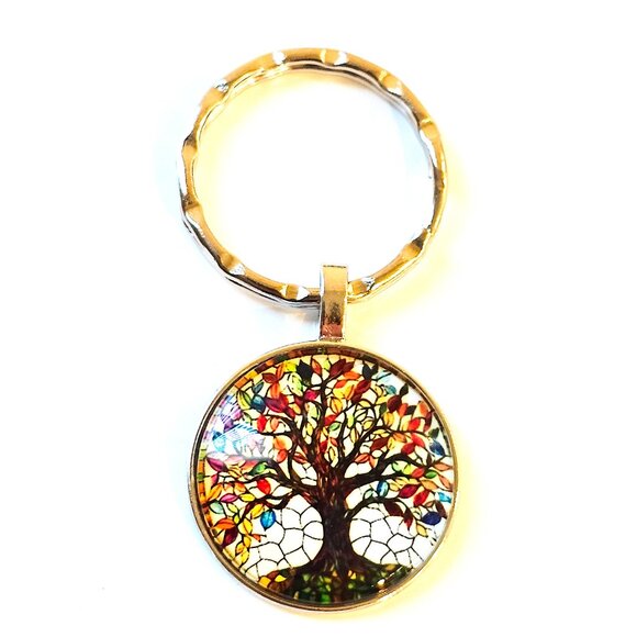 Stained Glass Tree of Life Keychain Colorful Glass Dome Charm with Mosaic Design - Picture 1 of 4